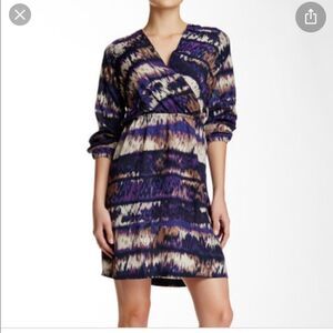 Amour Vert Karen Surplice Plum Ikat Print Dress M